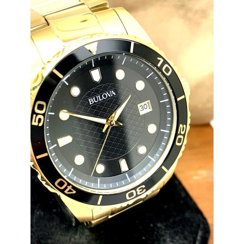 Bulova Men's Watch 98B375 Quartz Black Dial Date Gold Stainless Steel 43mm